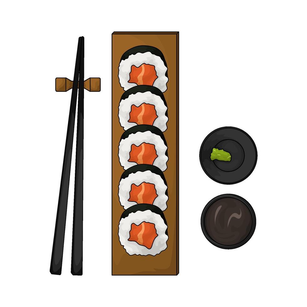 illustration of sushi roll on wooden plate and wasabi vector