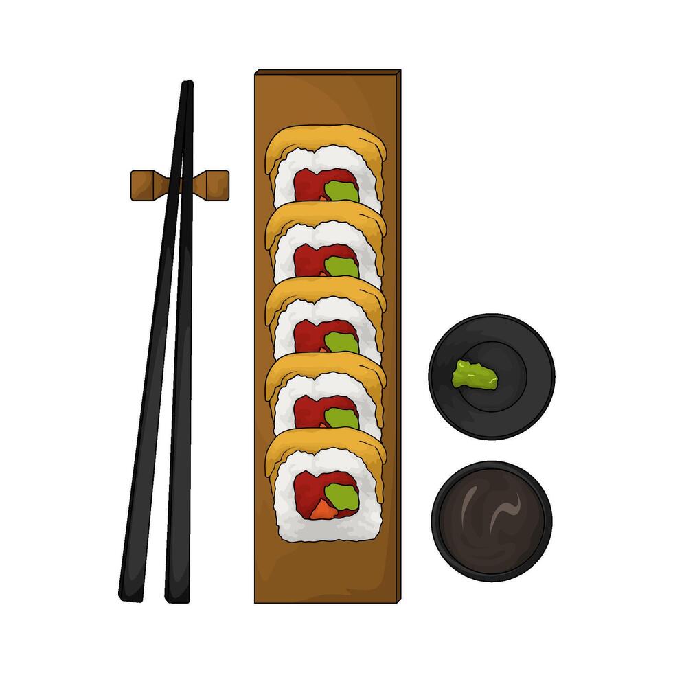 sushi roll on wooden plate and soy sauce vector