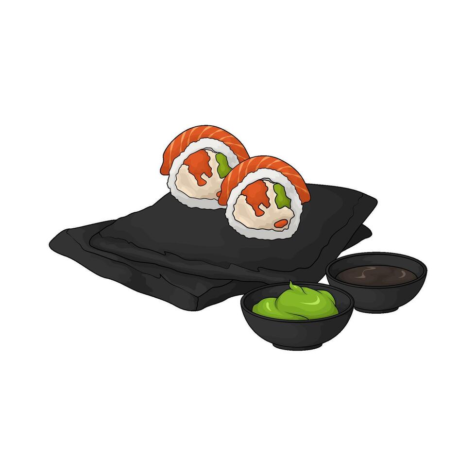 sushi roll on black plate vector