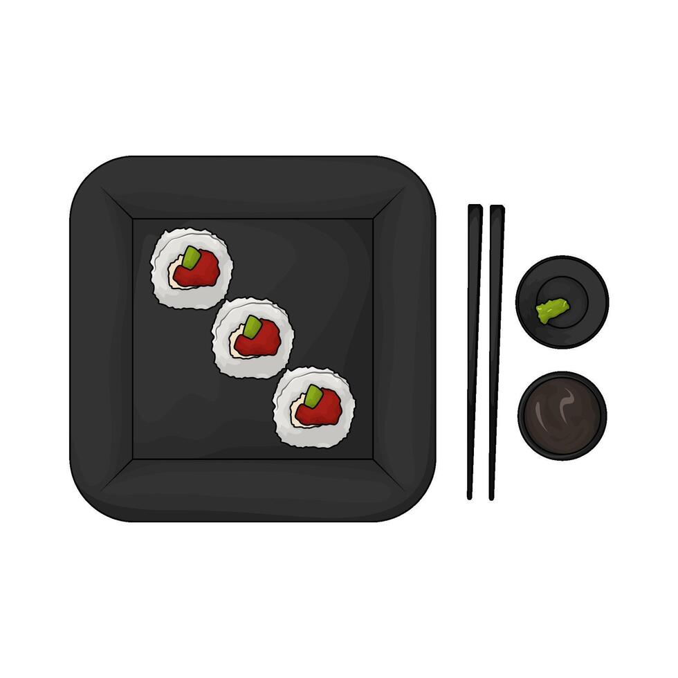 illustration of sushi roll on black plate vector