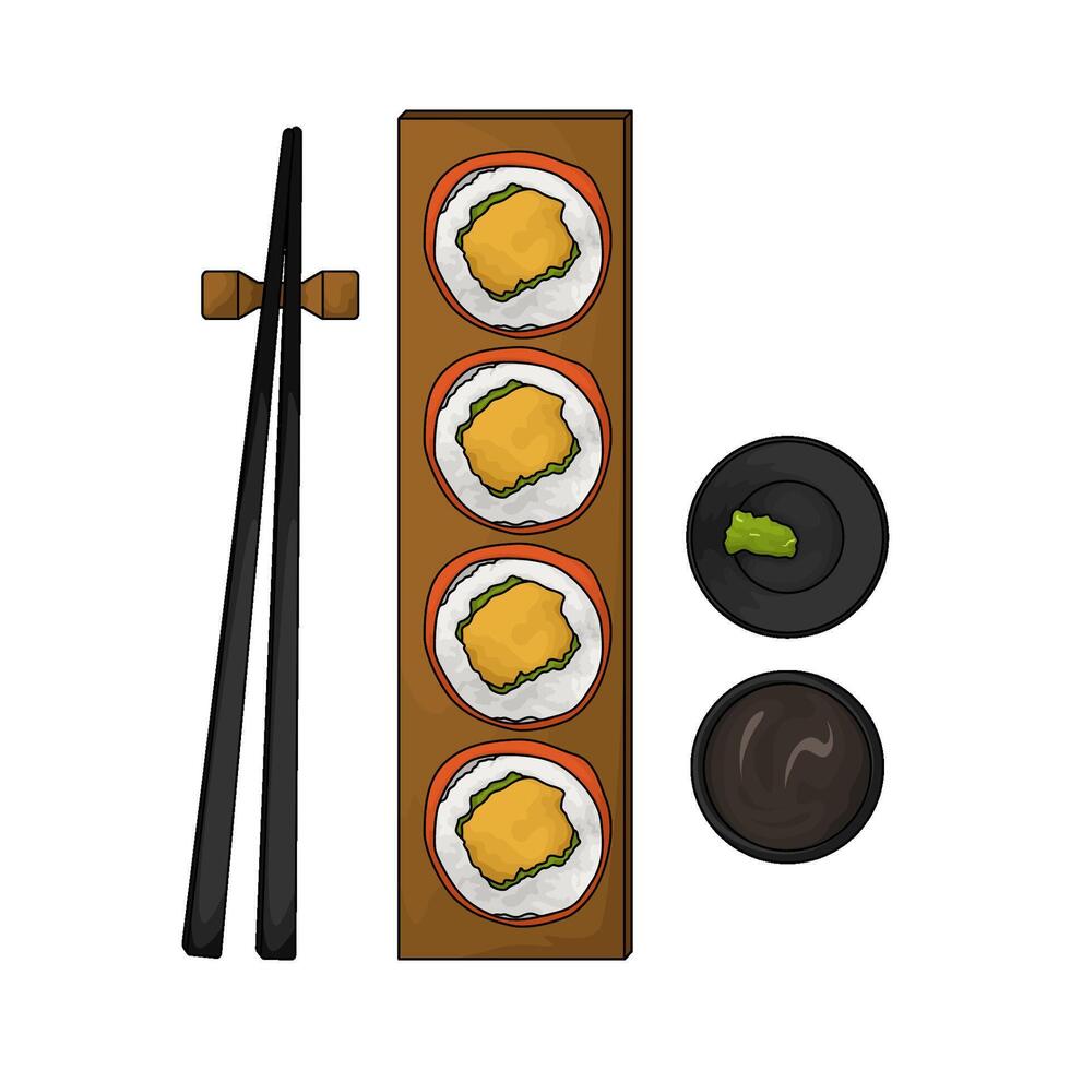 sushi roll on wooden plate vector