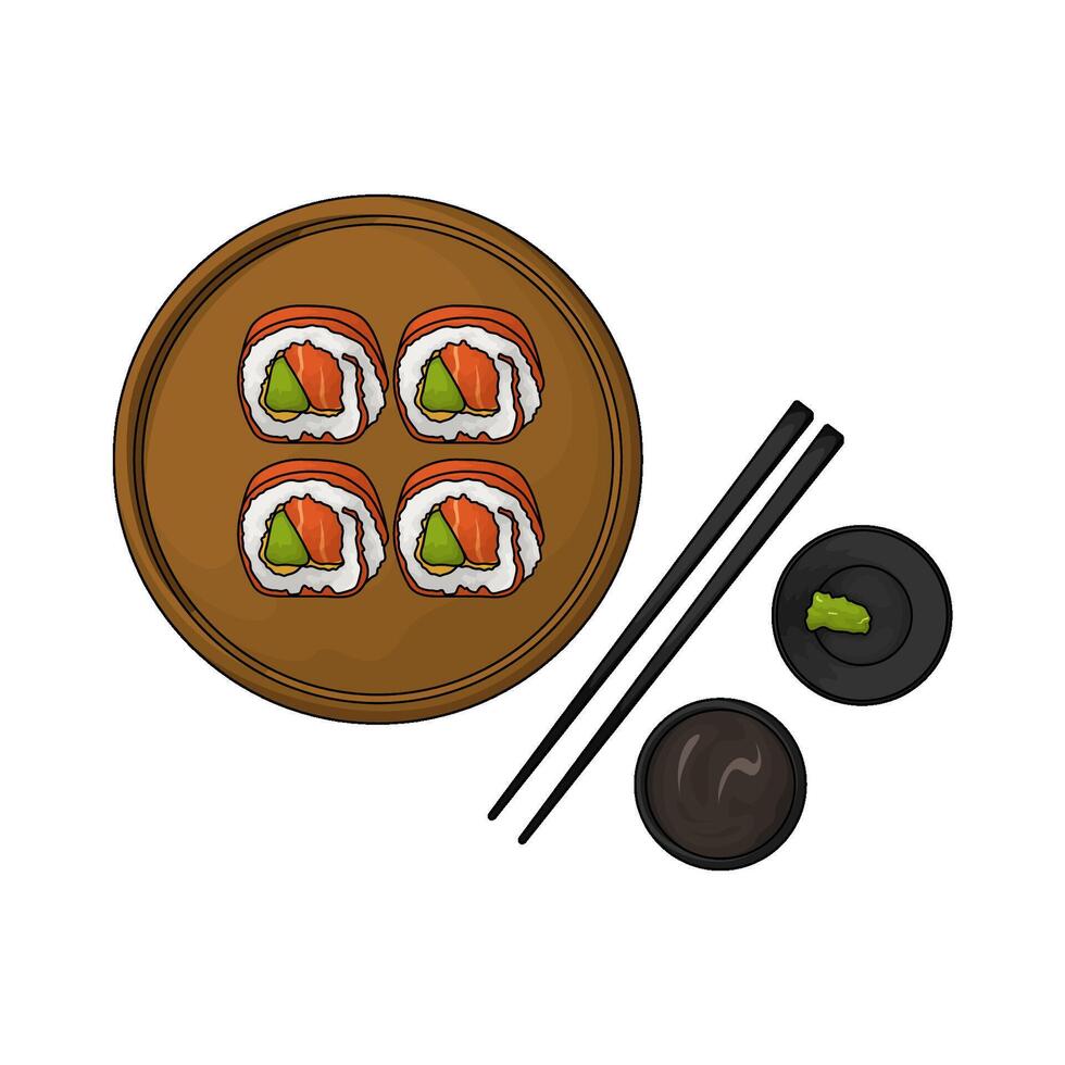 sushi roll on wooden plate illustration vector
