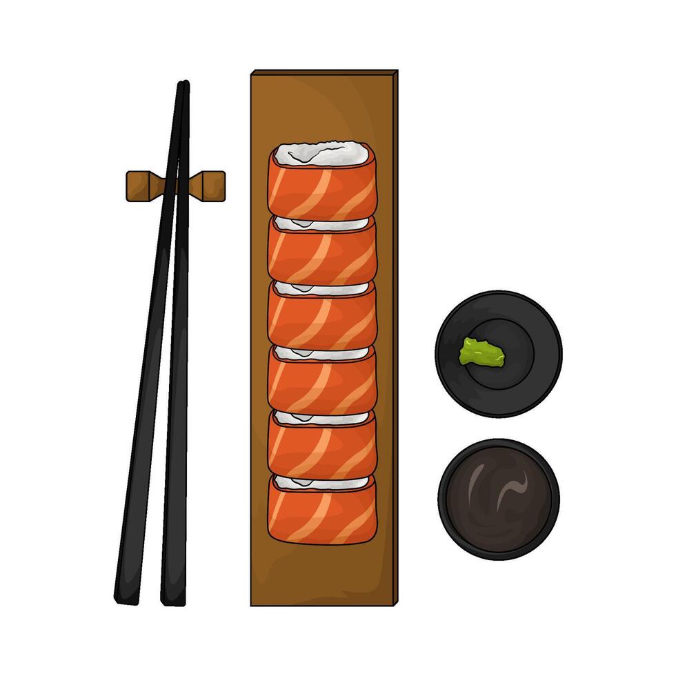 sushi on wooden plate vector