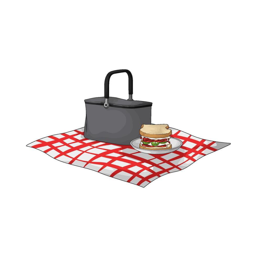 Sandwich and basket on picnic blanket vector