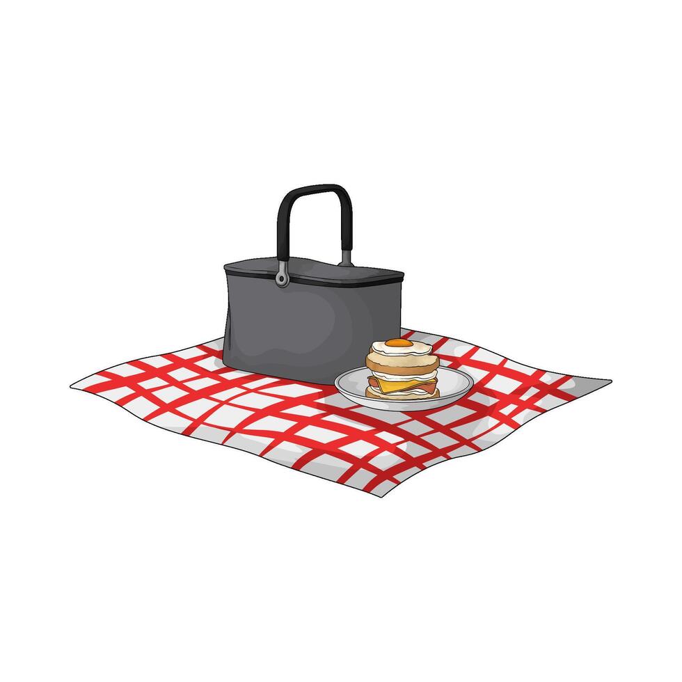 Sandwich and basket on picnic blanket illustration vector