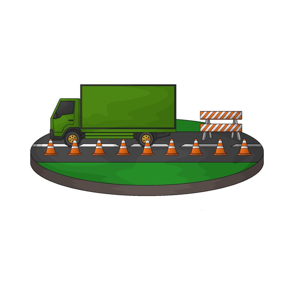 illustration of truck on road filled with traffic cone vector