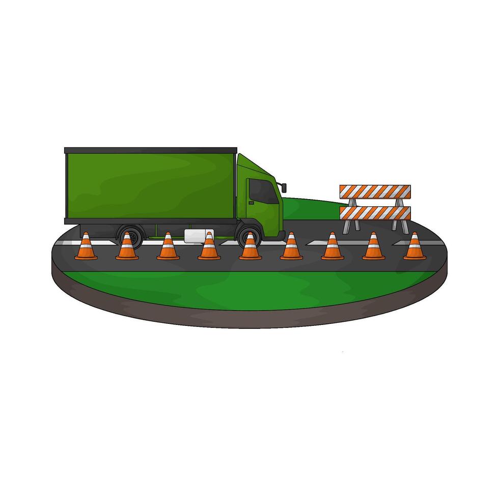 truck on the road filled with traffic cone vector