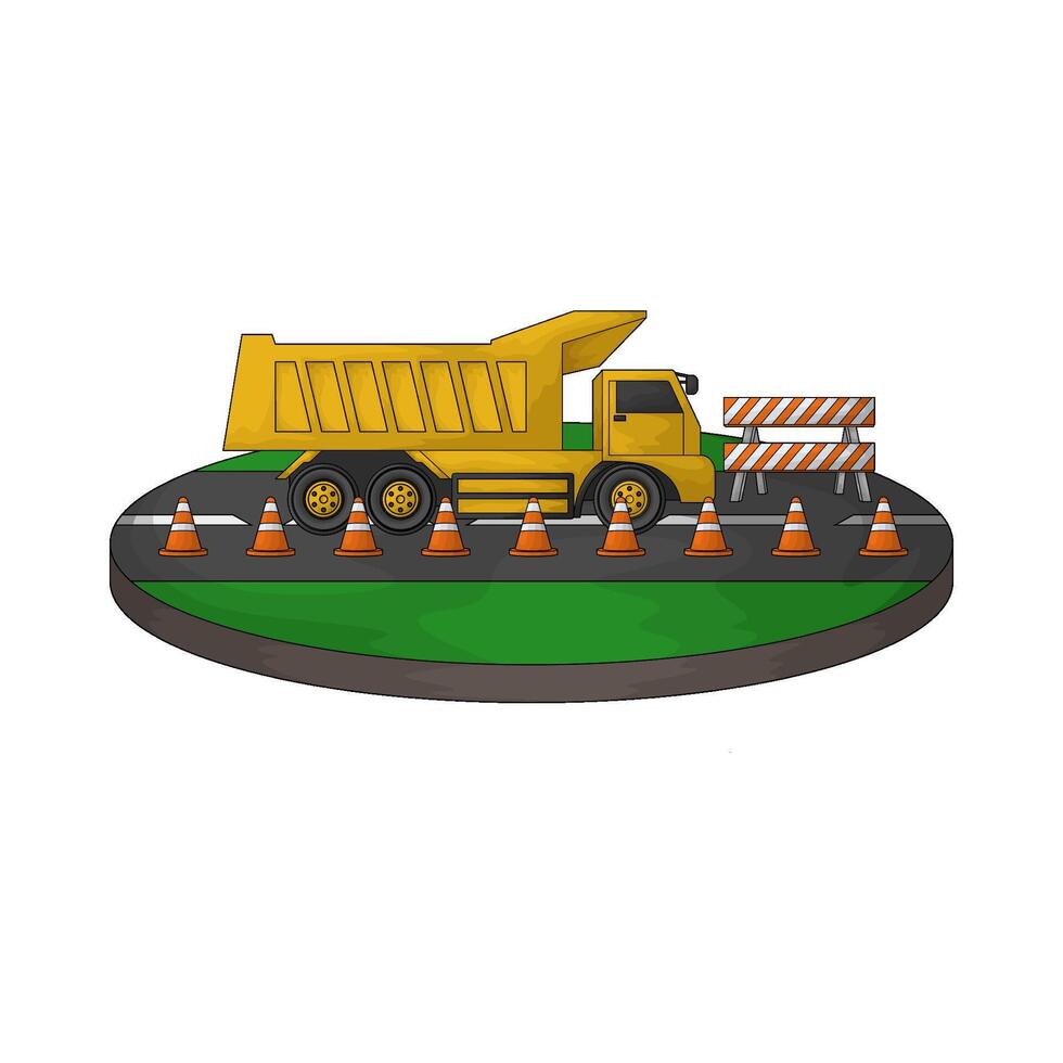 truck on the road filled with traffic cones vector