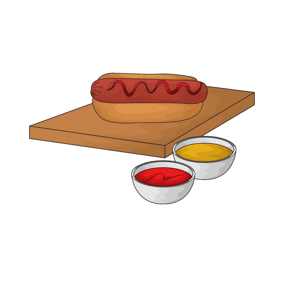 hotdog on a wooden plate with sauce illustration vector