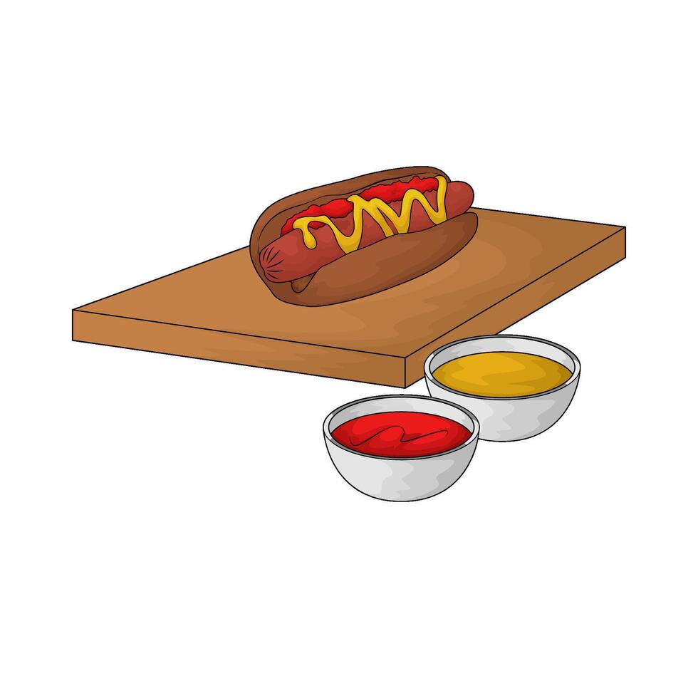 hotdog on a wooden plate illustration vector