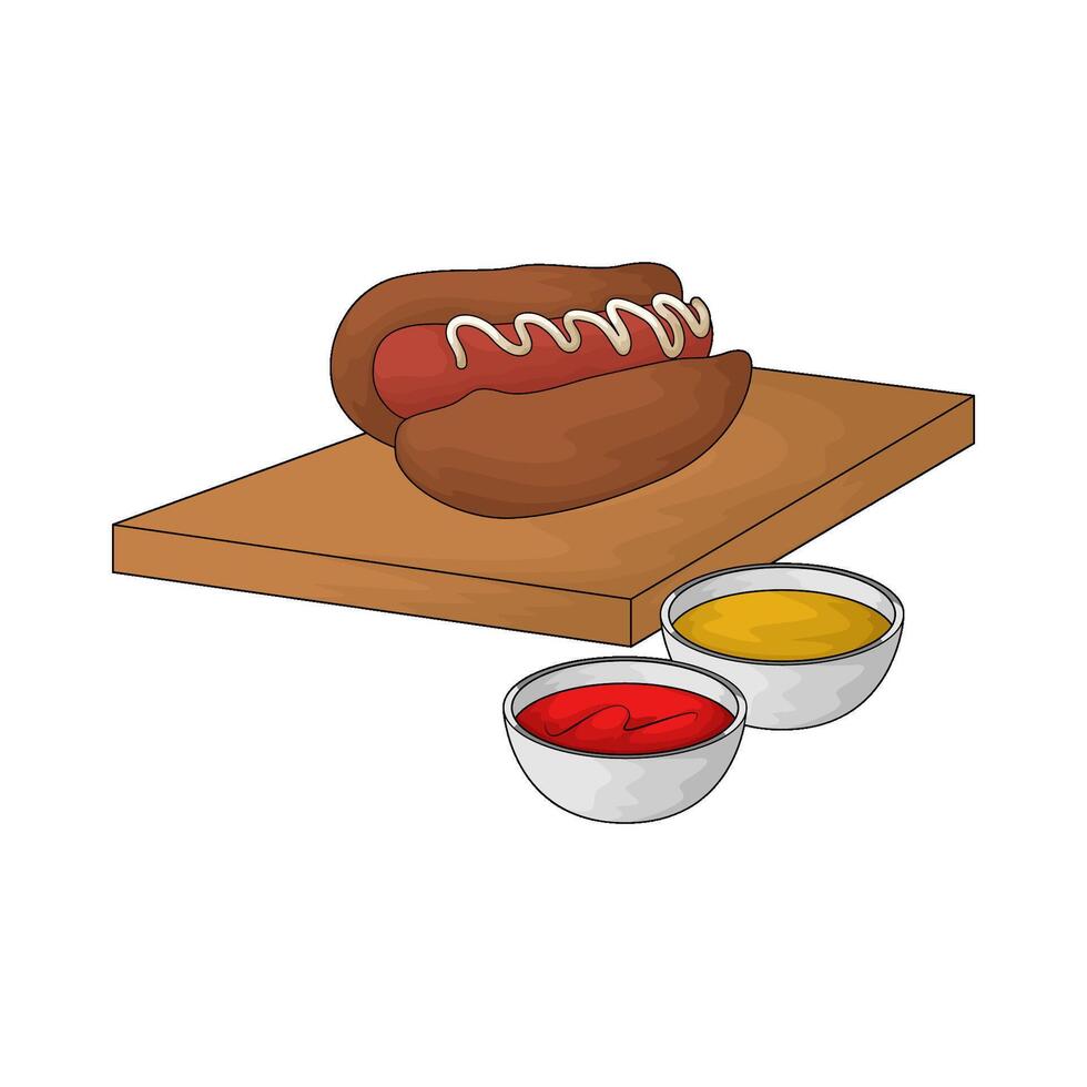 hotdog on a wooden plate with sauce vector