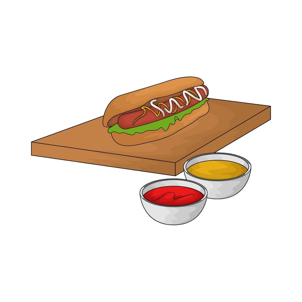 Hot dog and sauce bowl illustration vector