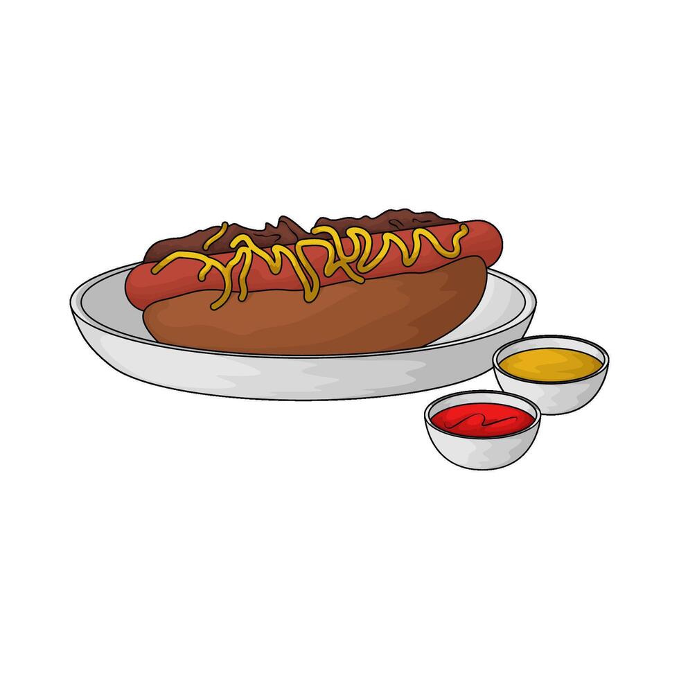 hotdog in a plate and two sauces illustration vector