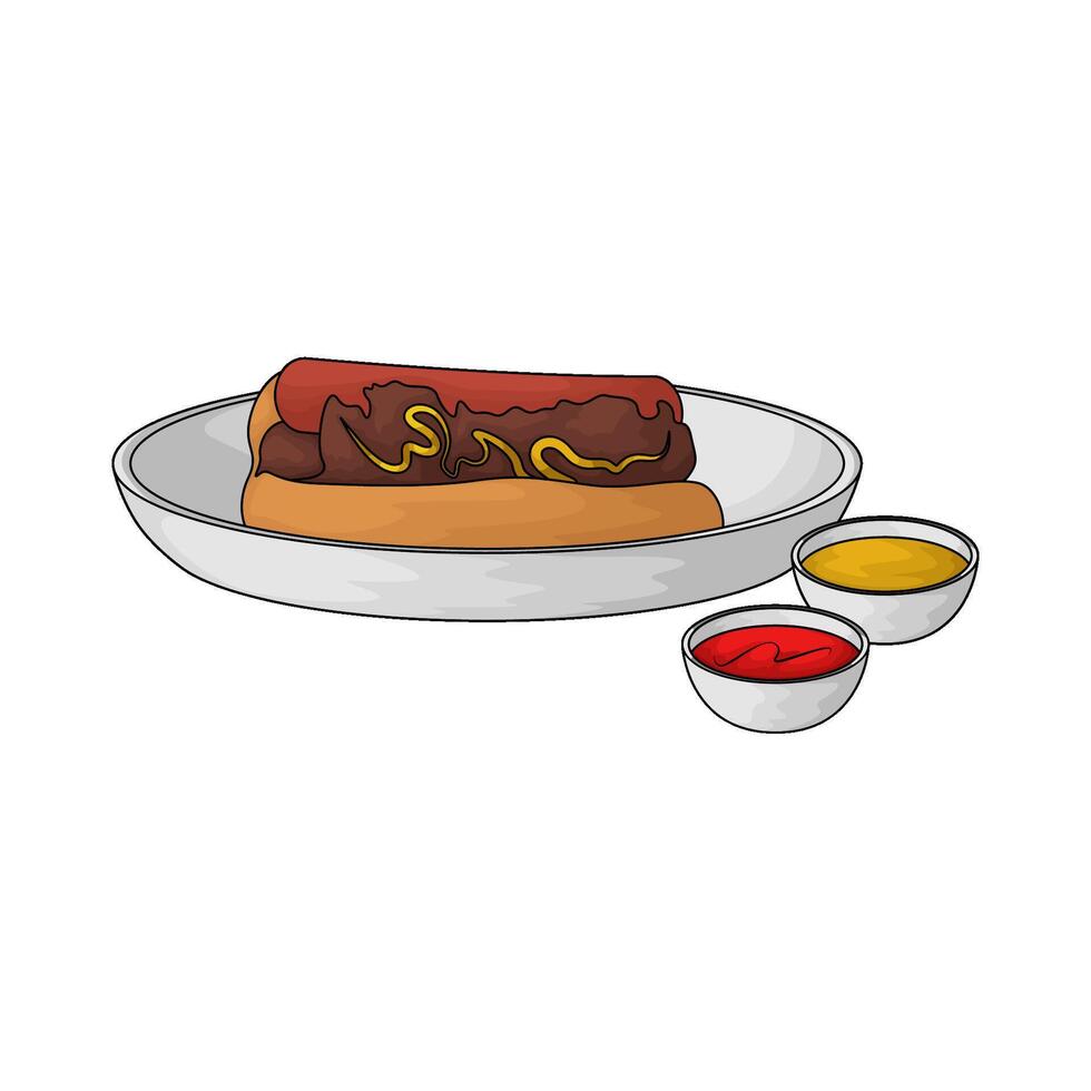 hotdog in a plate and two sauces in a bowl illustration vector