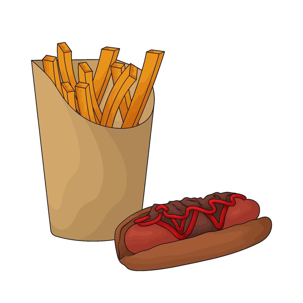 delicious hotdog with French fries illustration vector
