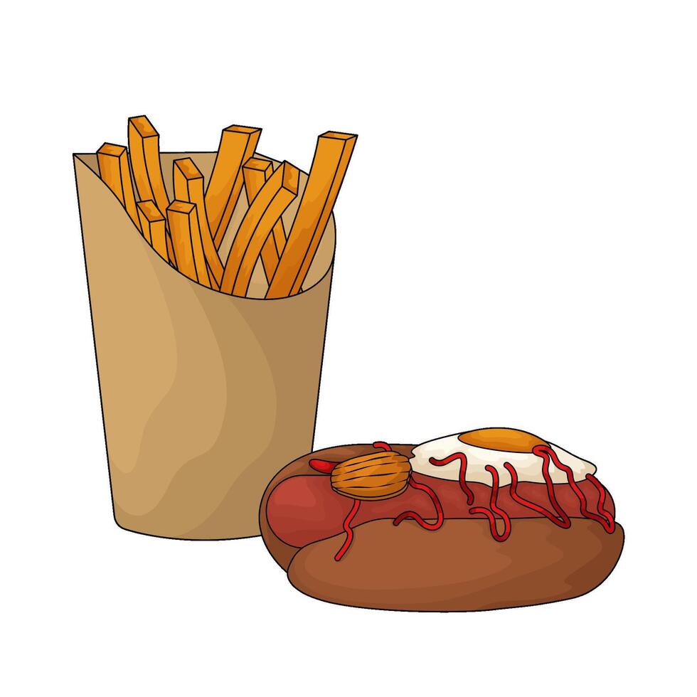 illustration of delicious french fries combined and hotdog vector