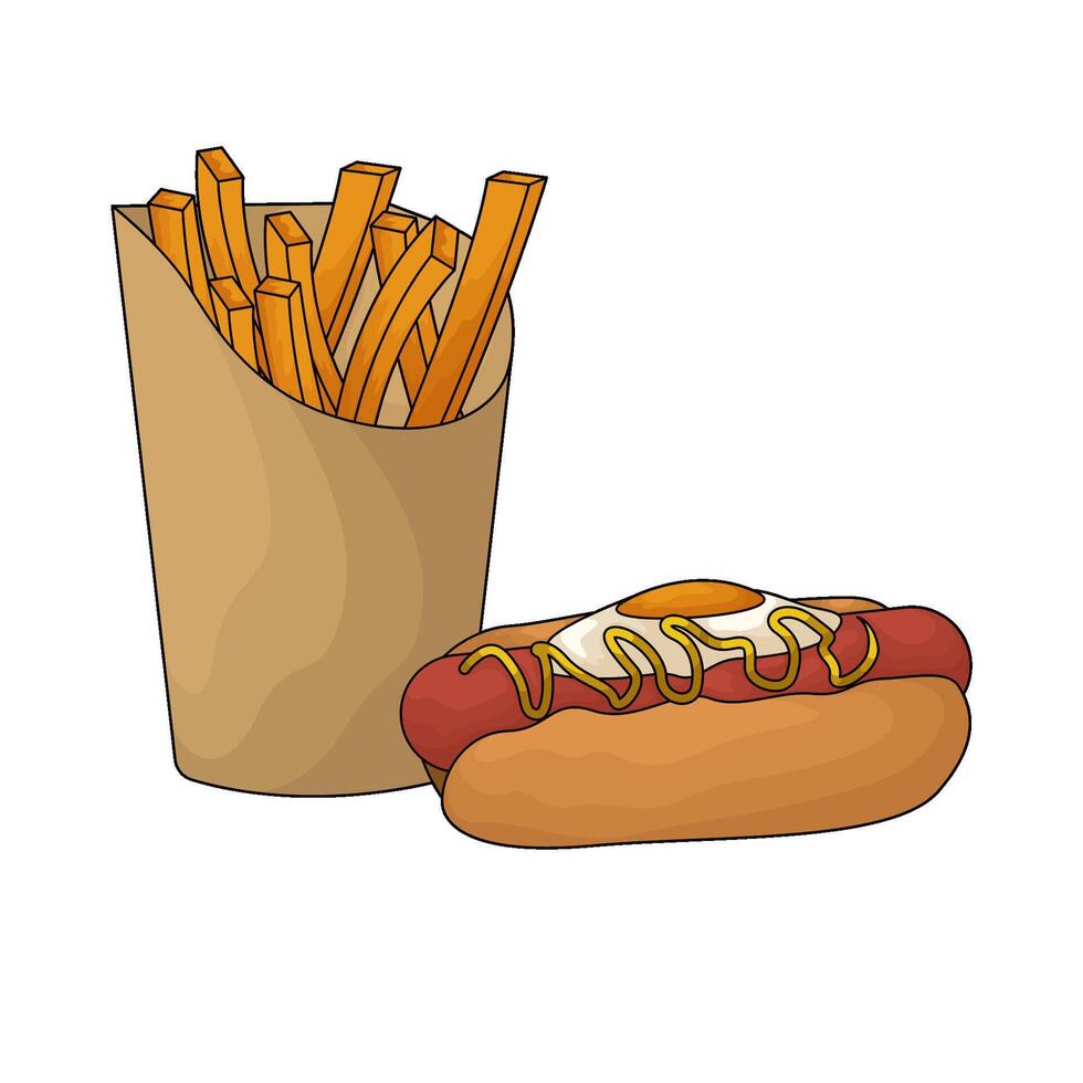 delicious hotdog combined and french fries illustration vector