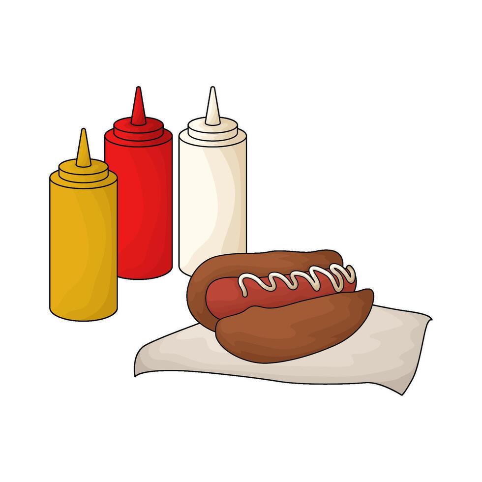illustration of hotdog with three sauce bottles vector