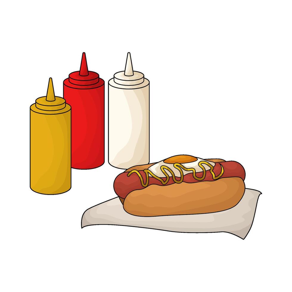 illustration of hotdog and three sauce bottles vector