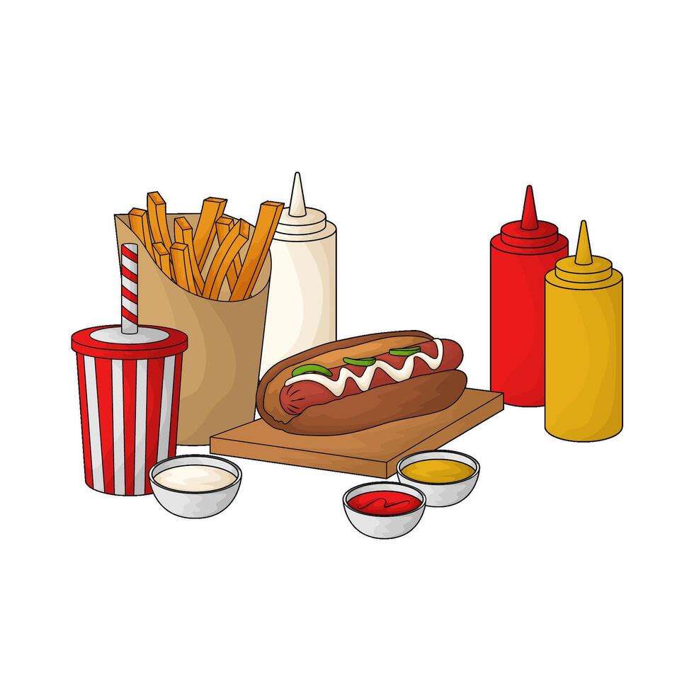 Hot dog with French fries combo pack vector