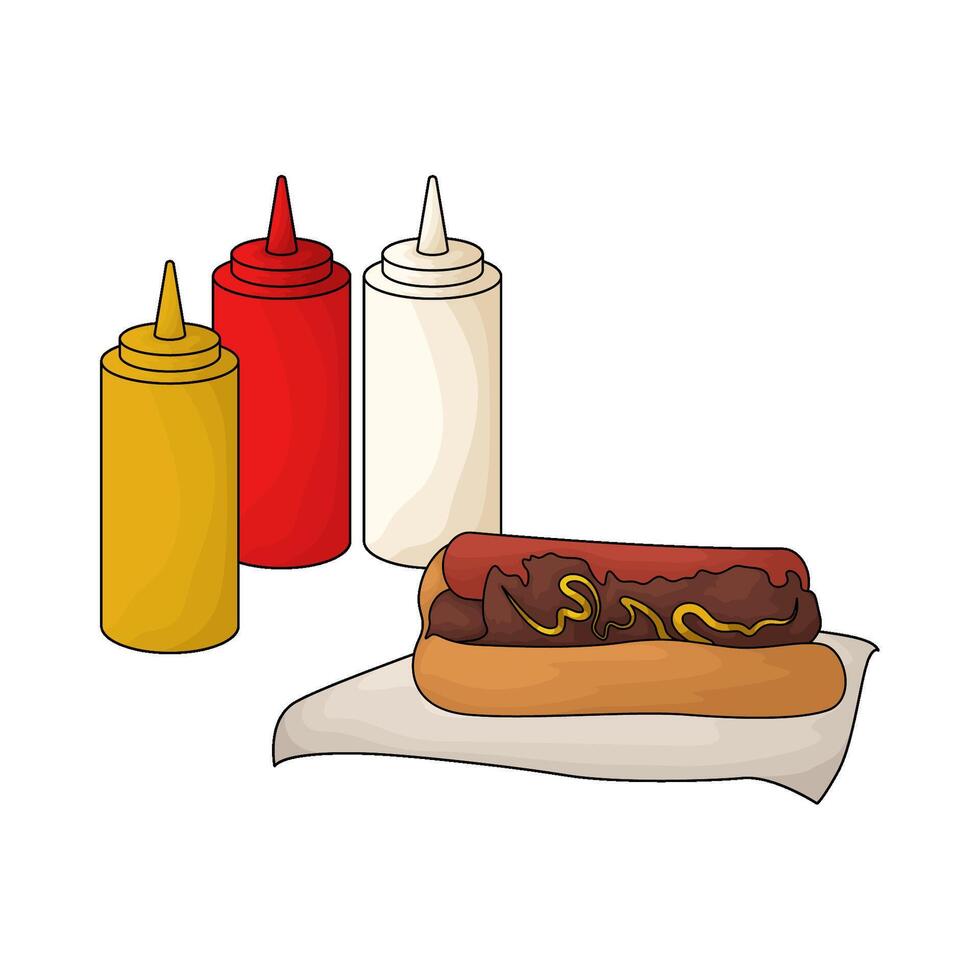 hot dog with three sauce bottle vector