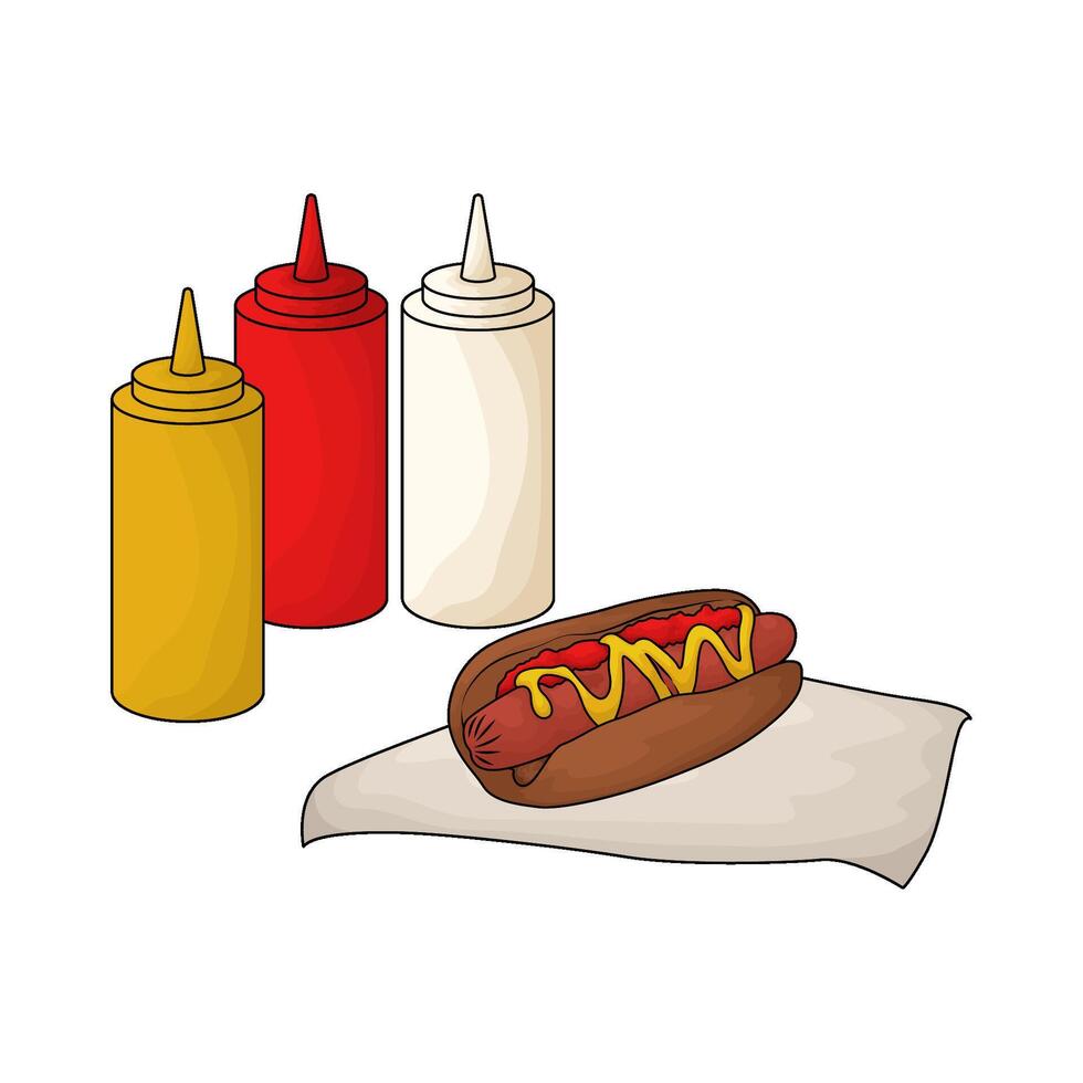 hot dog with three sauce bottles vector