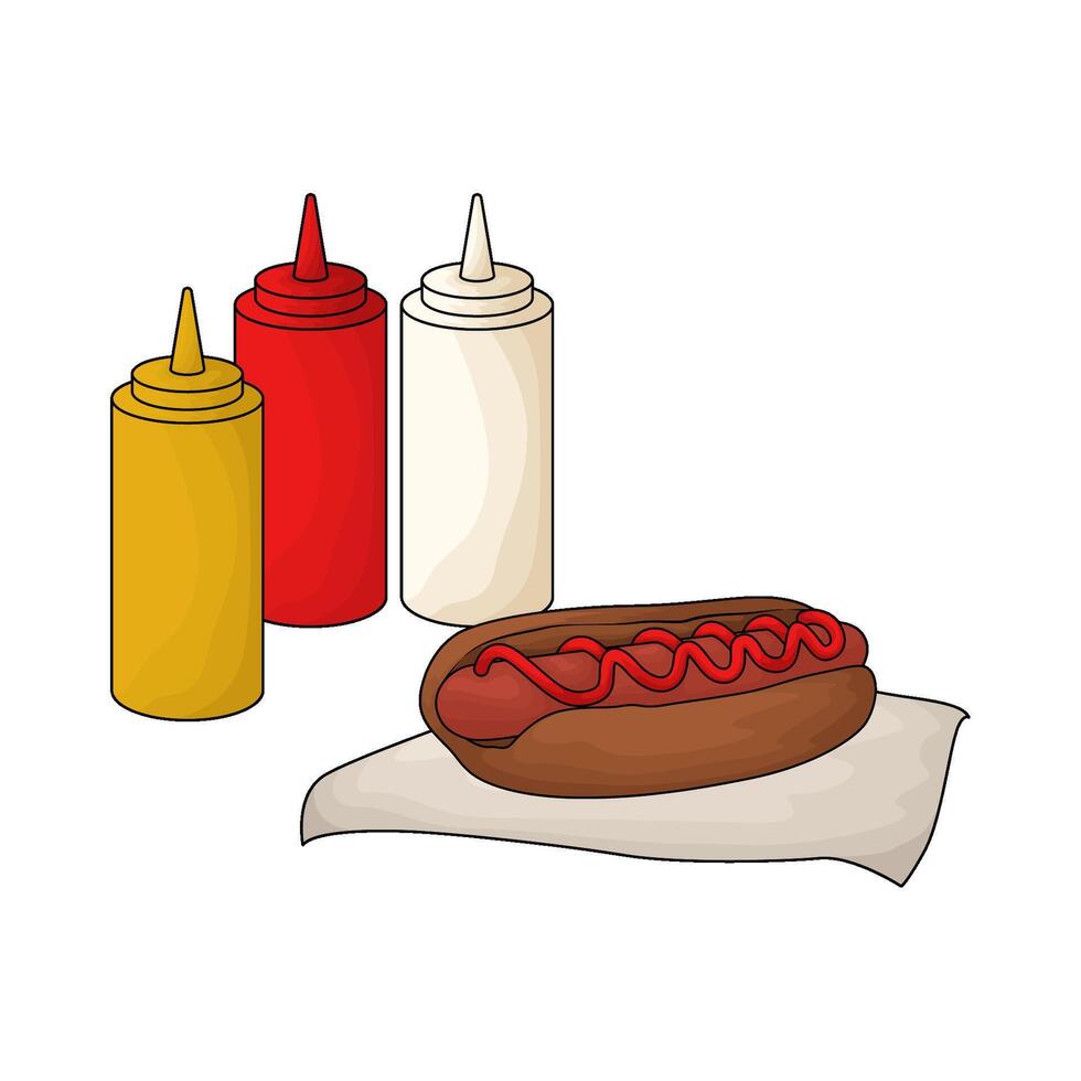 illustration of hot dog with three sauce bottle vector