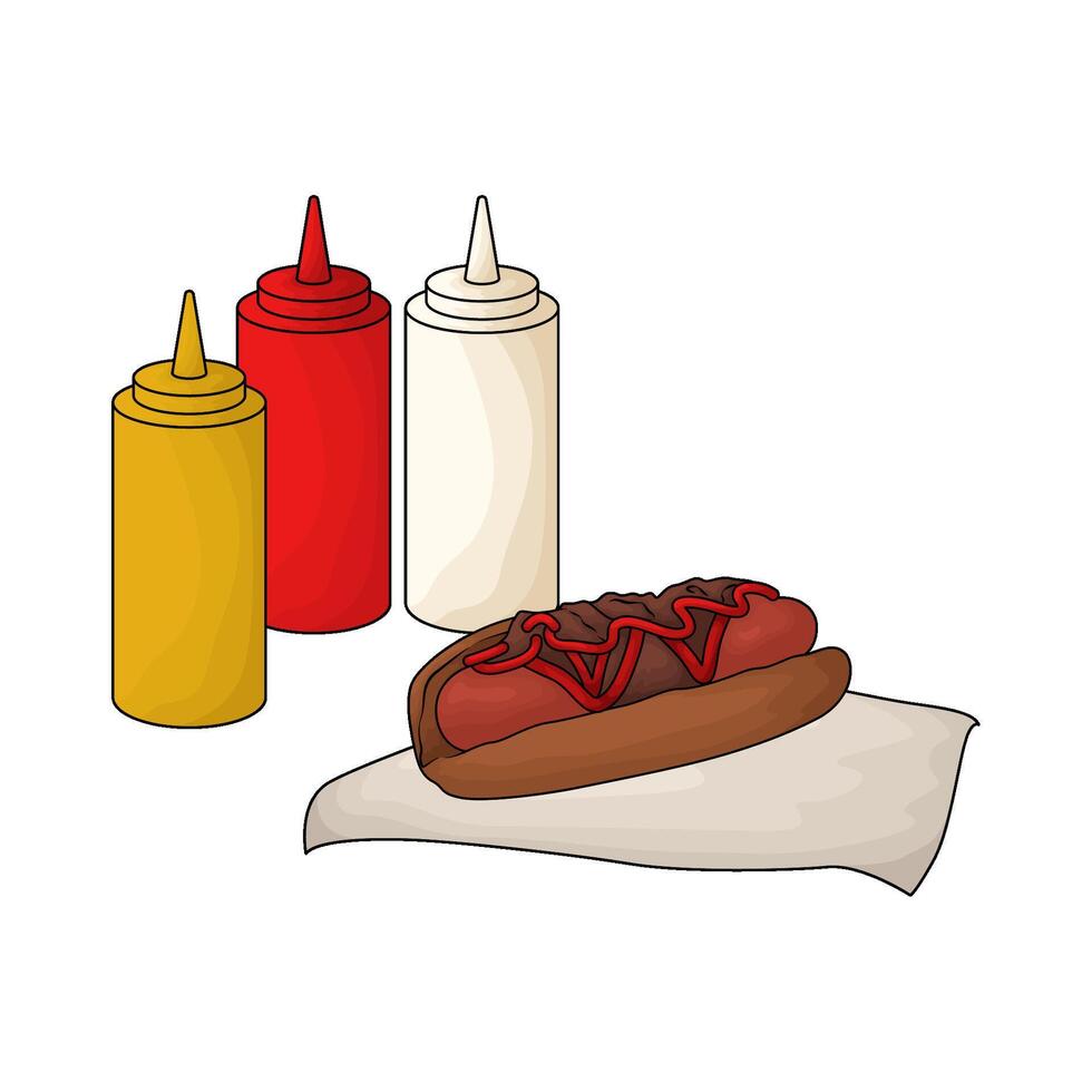 illustration of hot dog with three sauce bottles vector