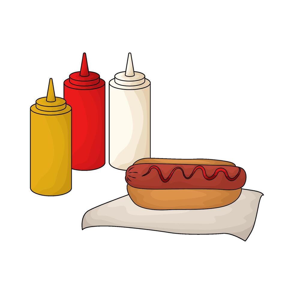 hot dog with three sauce bottle illustration vector