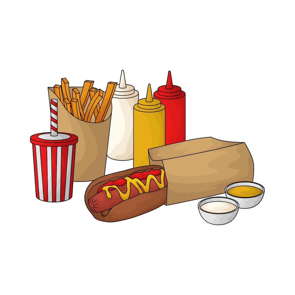 combo package hotdog with fries and soda illustration vector