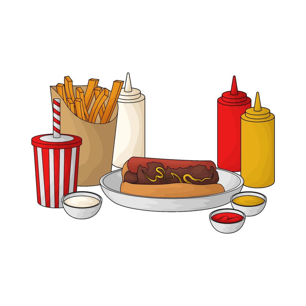 french fries with hotdog combo pack illustration vector
