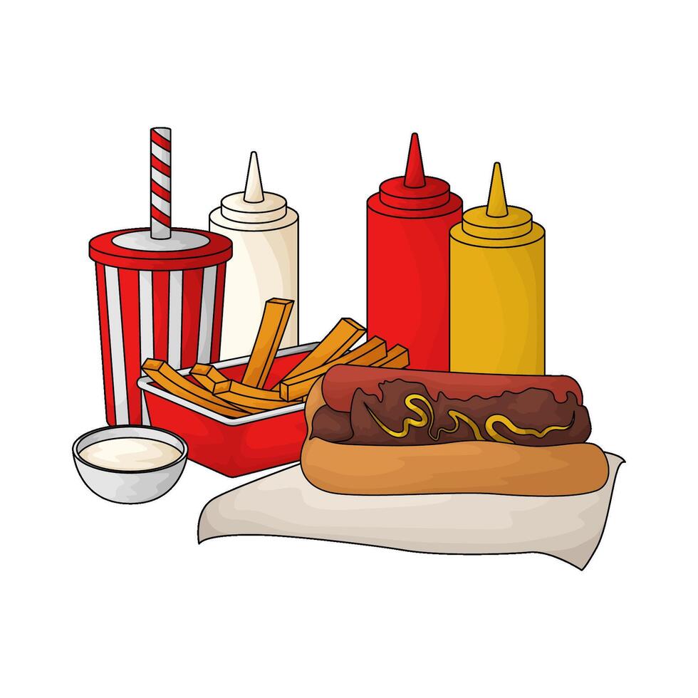 french fries with hotdog combo pack vector