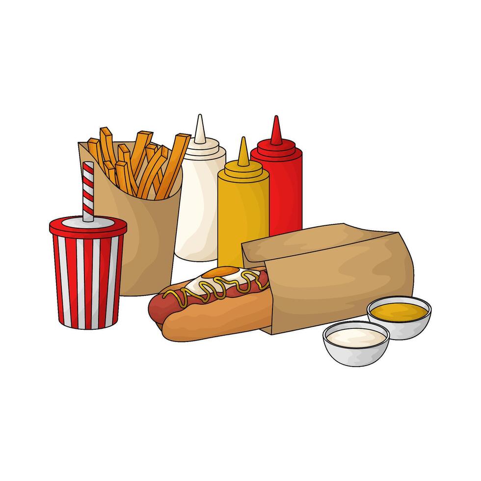 illustration of french fries with hotdog combo pack vector