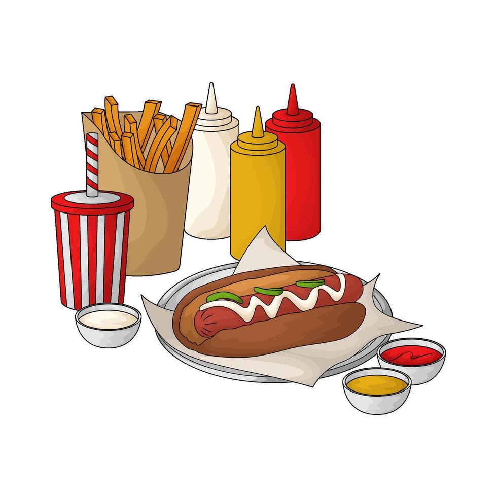 hotdog with french fries bundling package illustration vector