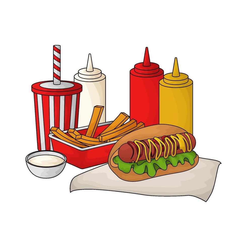 Hot Dog Soda Fries with sauce illustration vector