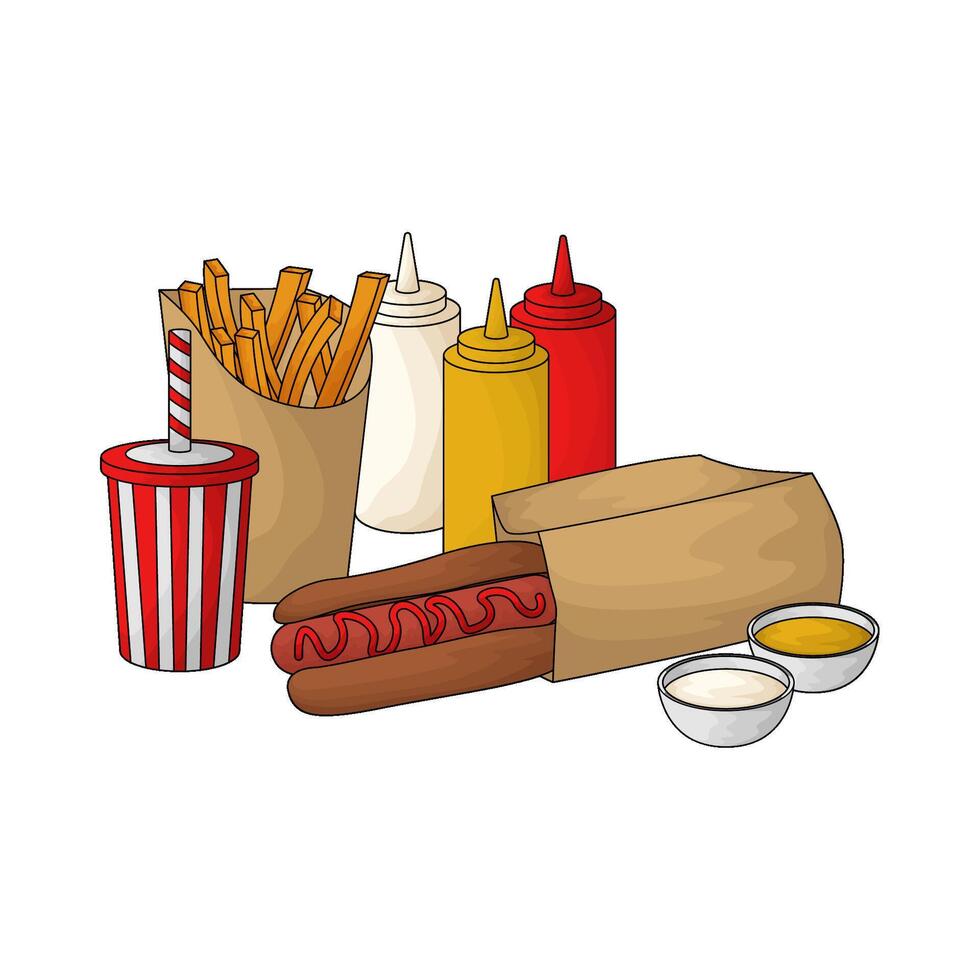 Hot Dog Soda Fries and sauce bottles vector