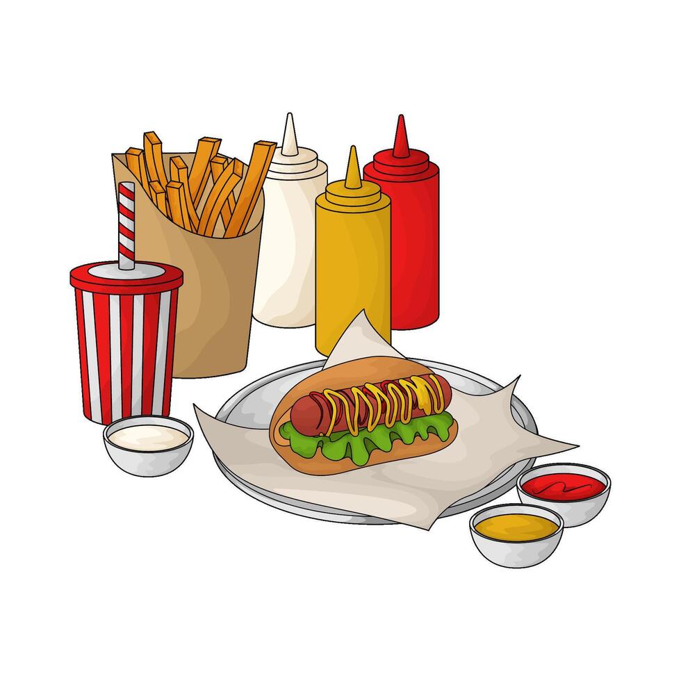 illustration of Hot Dog Soda Fries and sauce vector