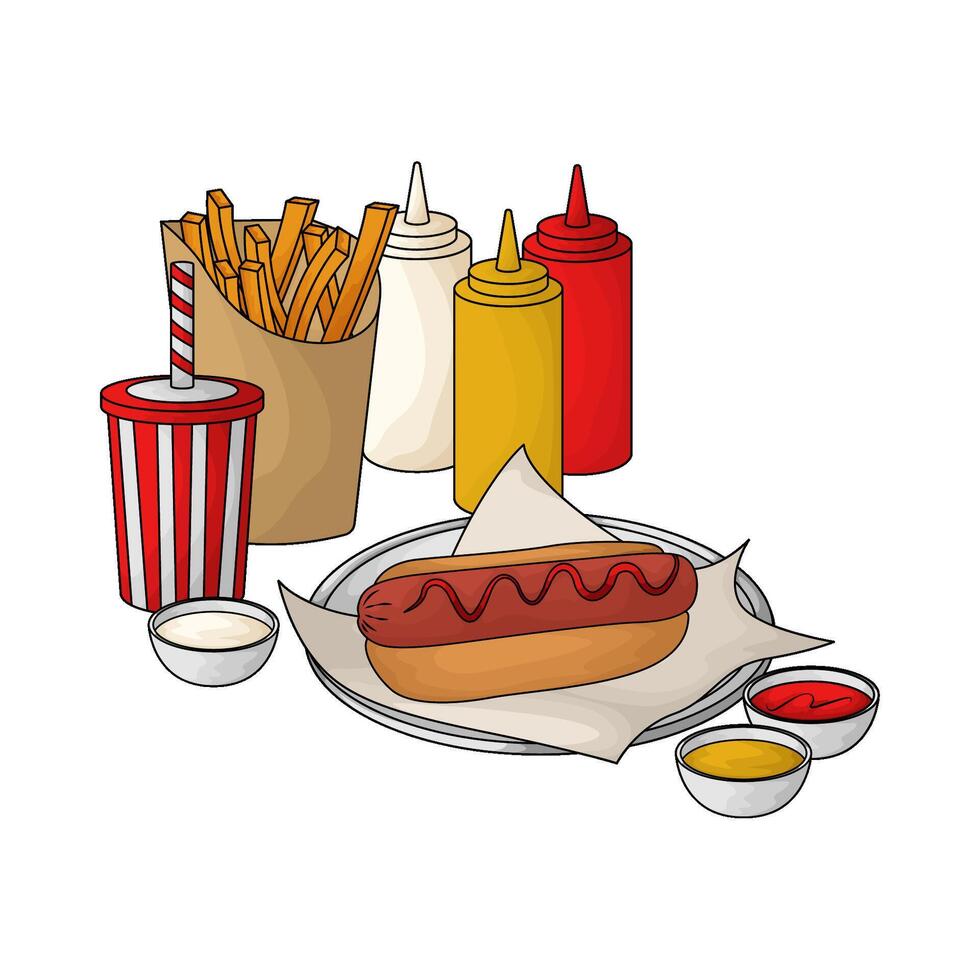 Hot Dog Soda Fries and sauce bottles illustration vector