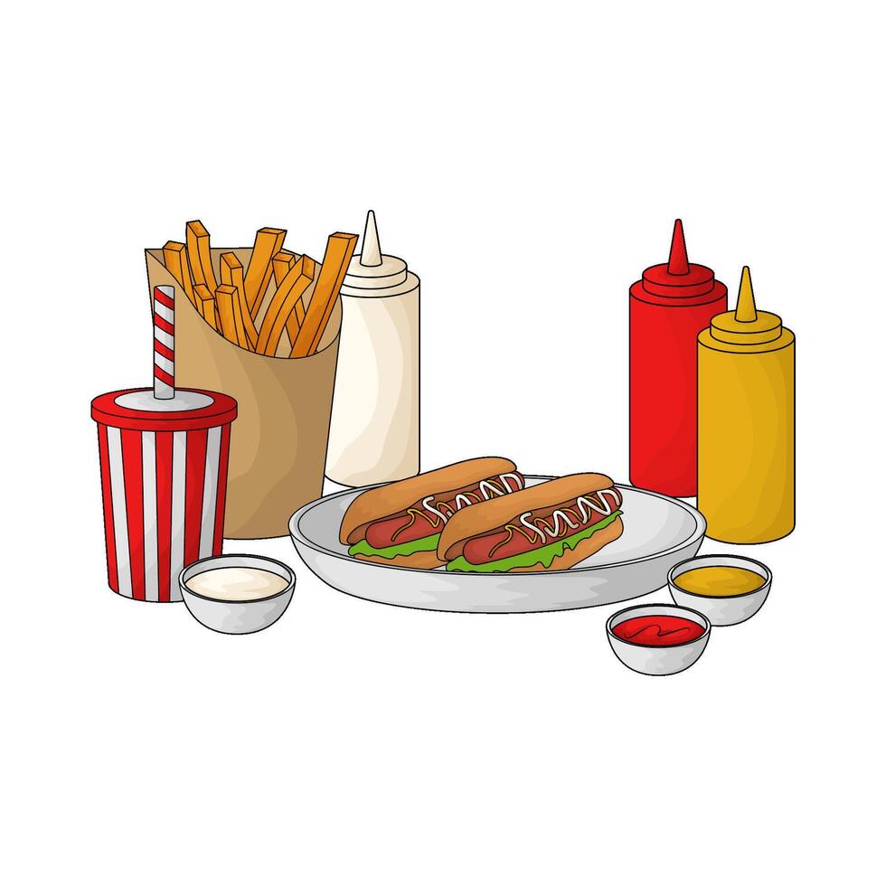 illustration of Hot Dog Soda Fries and sauce bottles vector