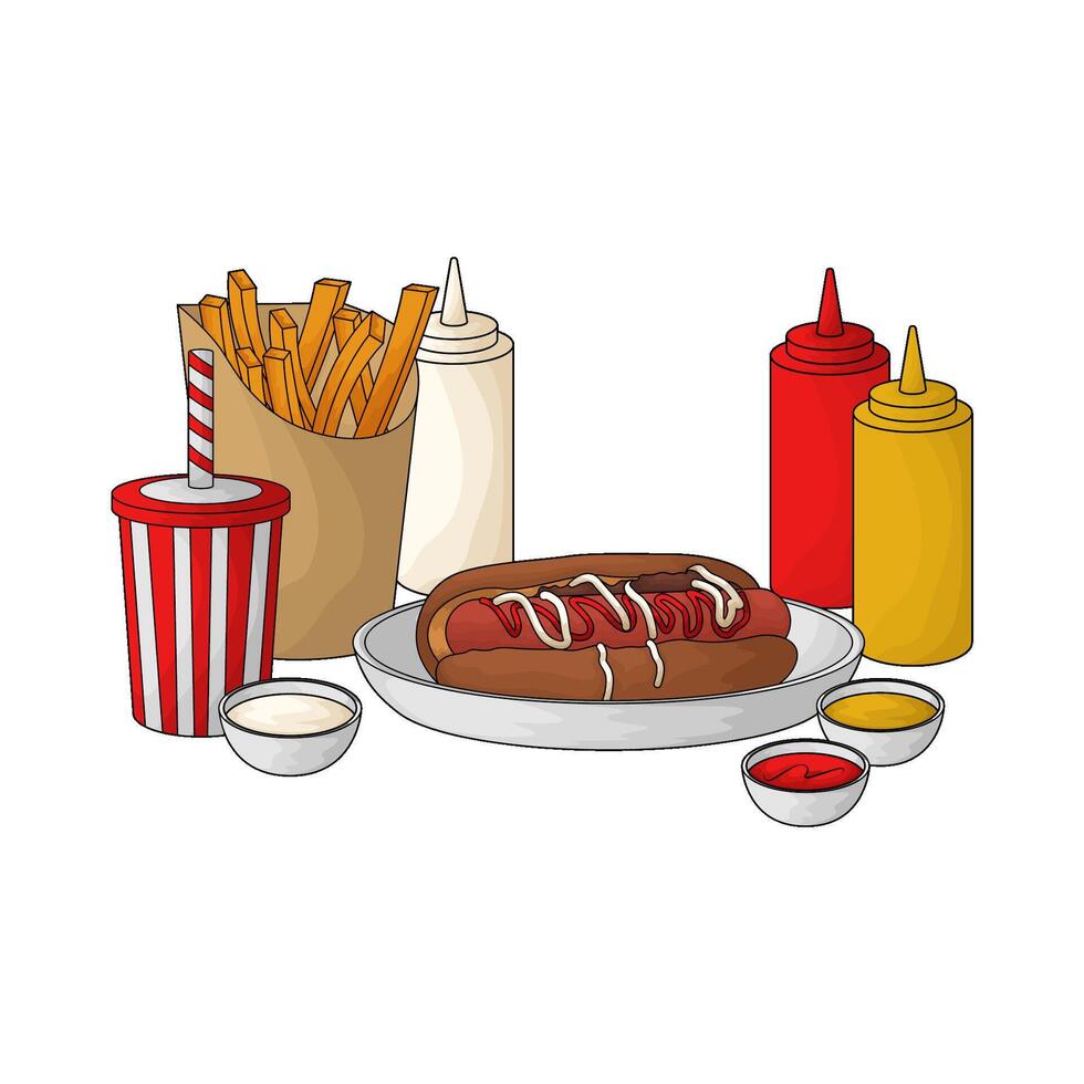 Hot Dog Soda Fries with sauce bottles illustration vector