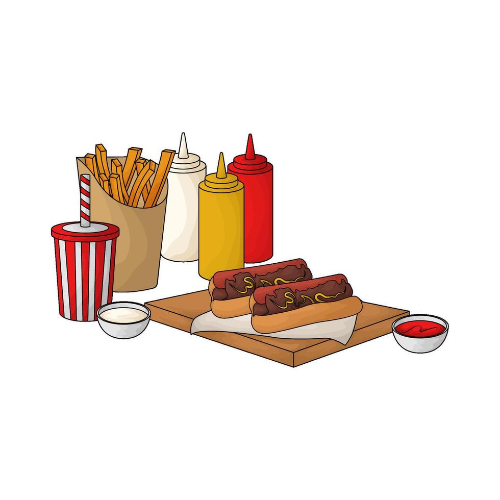 illustration of Hot Dog Soda Fries with sauce bottles vector