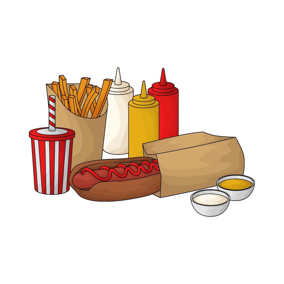 Hot Dog Soda Fries with sauce bottles vector