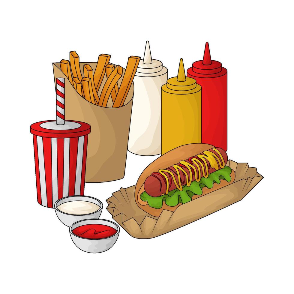 hotdog french fries with soda illustration vector