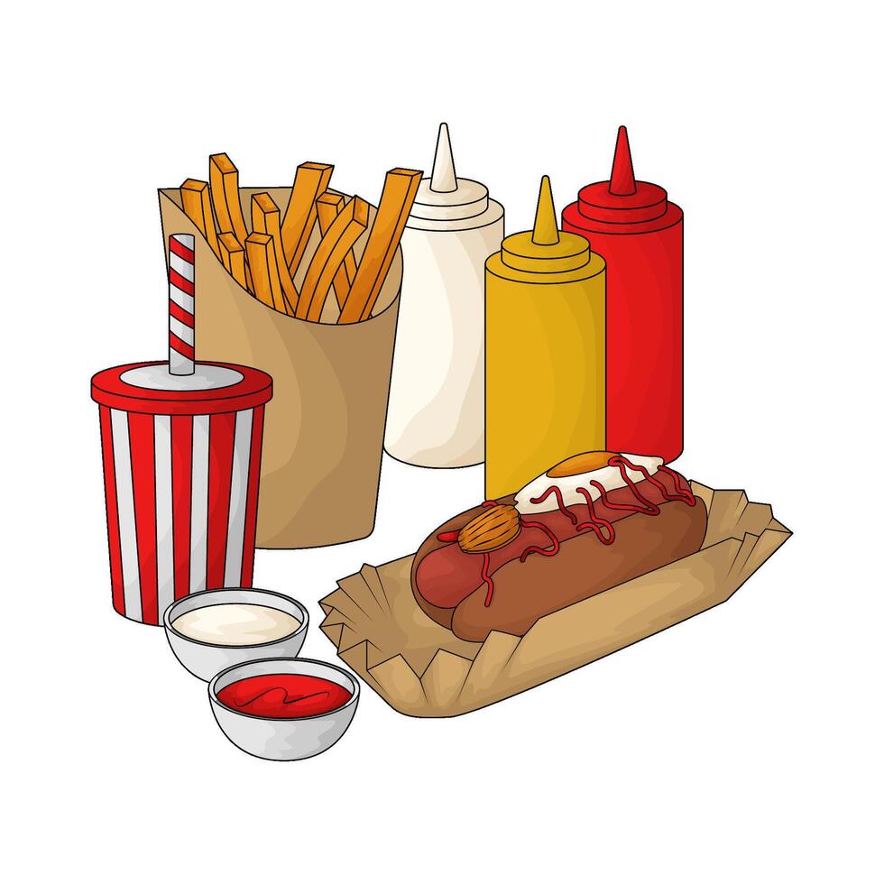 illustration of hot dog and french fries and soda economy package vector