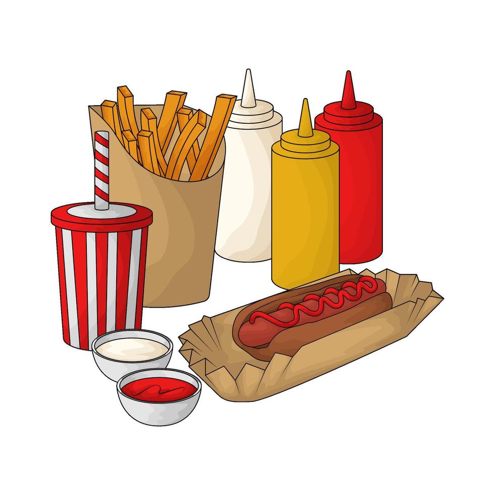 hotdog and french fries with soda cup vector