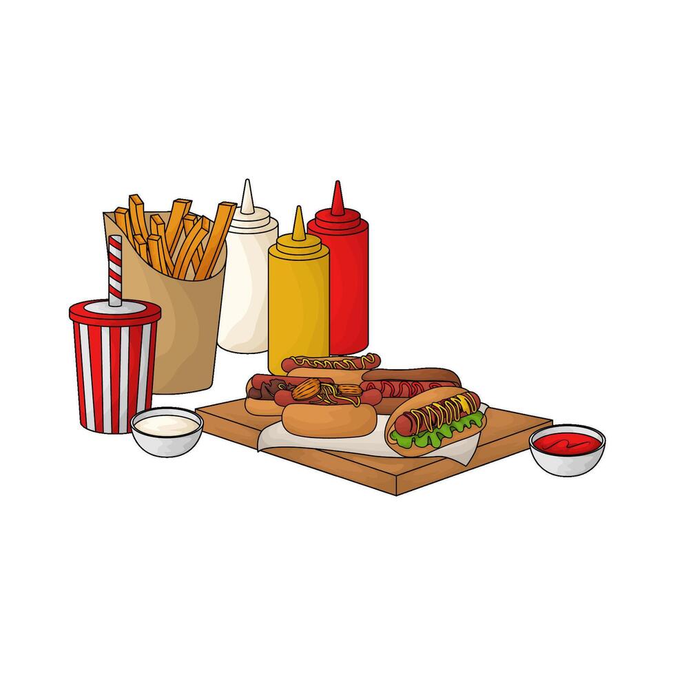 illustration of hot dog and fries and soda economy package vector