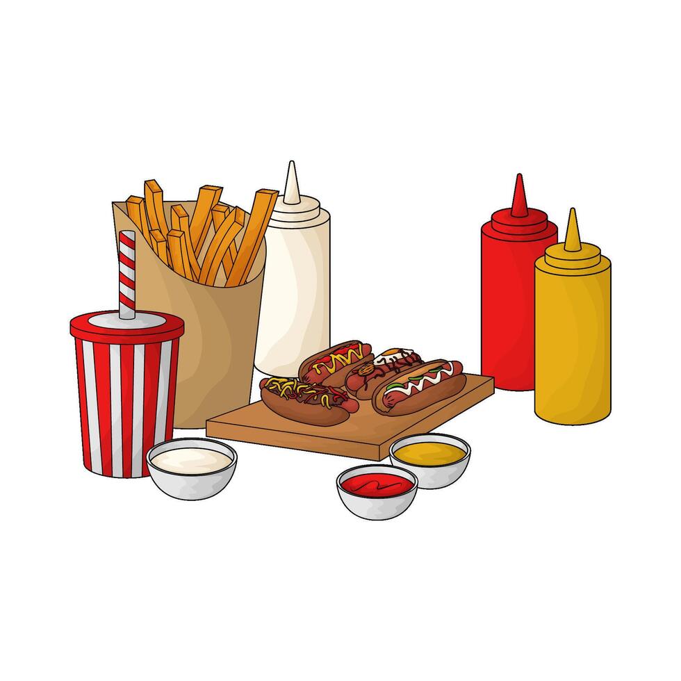 hot dog and fries and soda economy package illustration vector