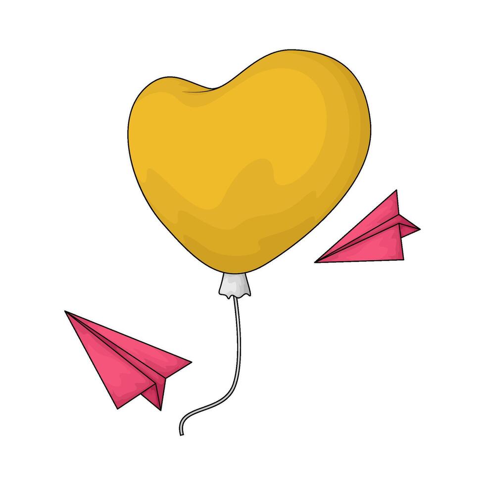 illustration of yellow heart balloon with paper plane vector