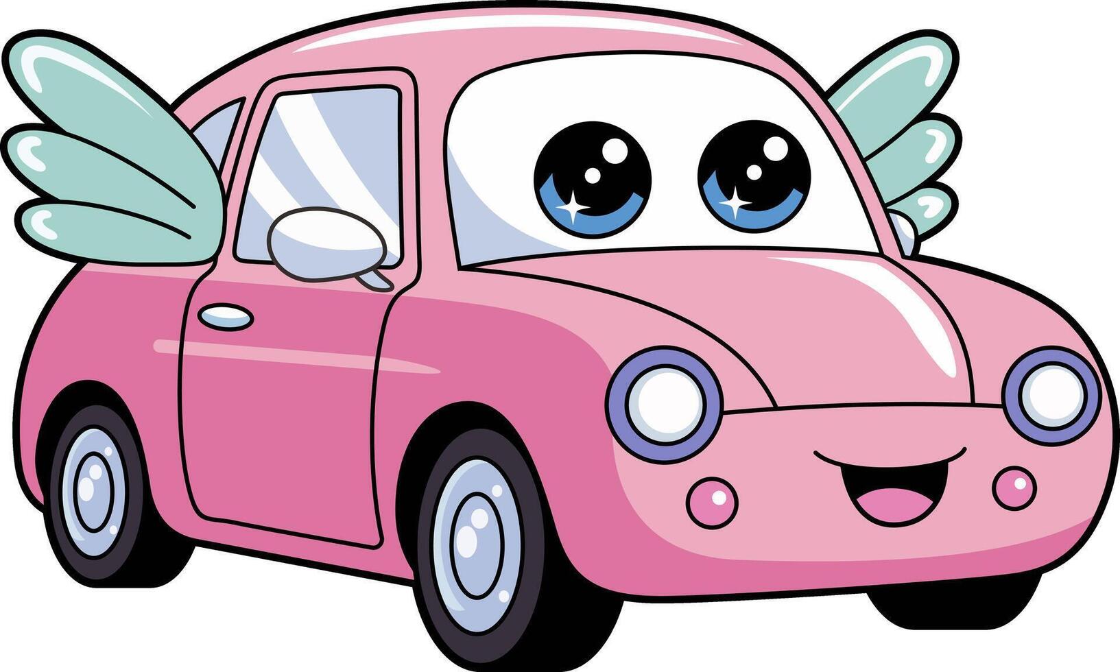 Cute and Whimsical Cartoon Pink Sedan with Wings and Eyes vector