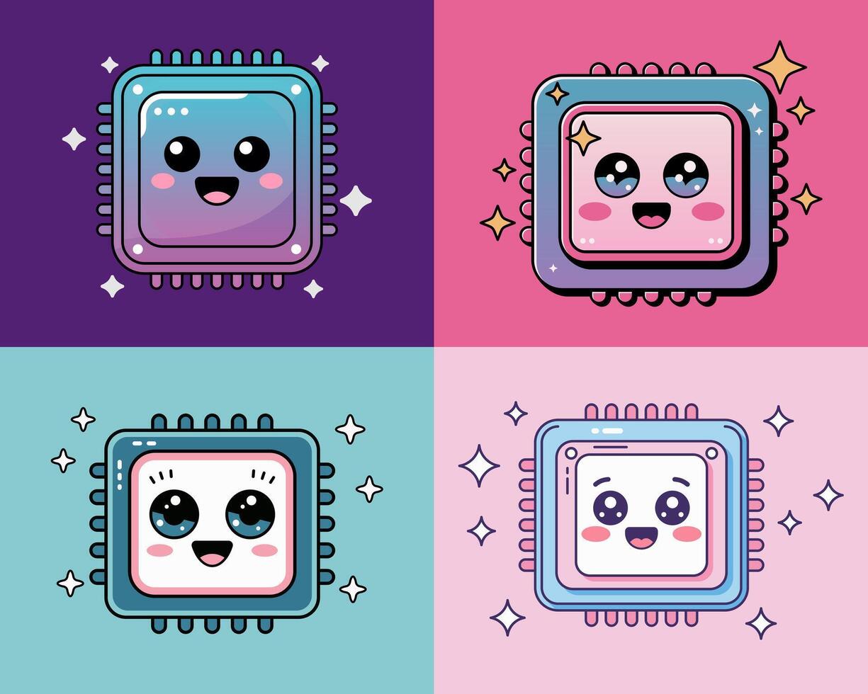 Cute Colorful Cartoon Processor Chips with Faces vector